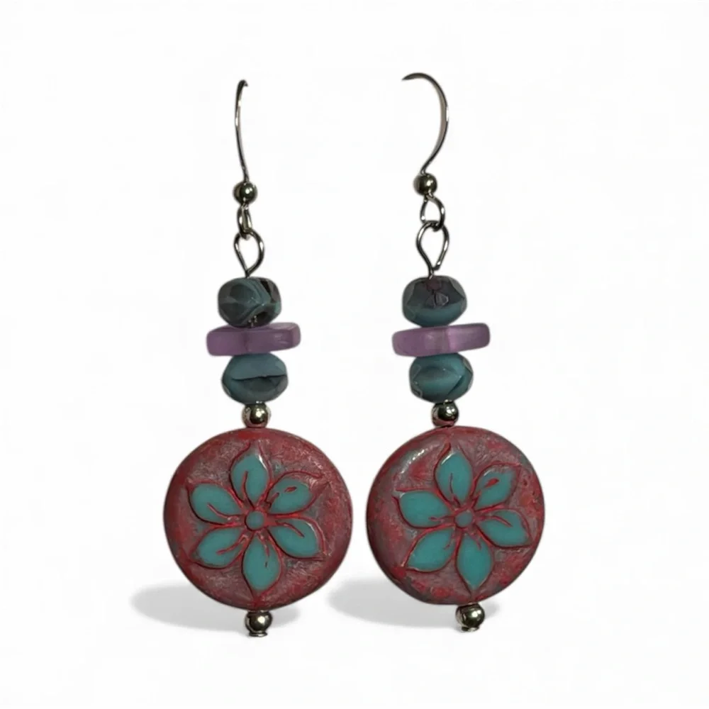 Handcrafted Floral Pink and Turquoise Czech Glass Earrings - Picture 7 of 16